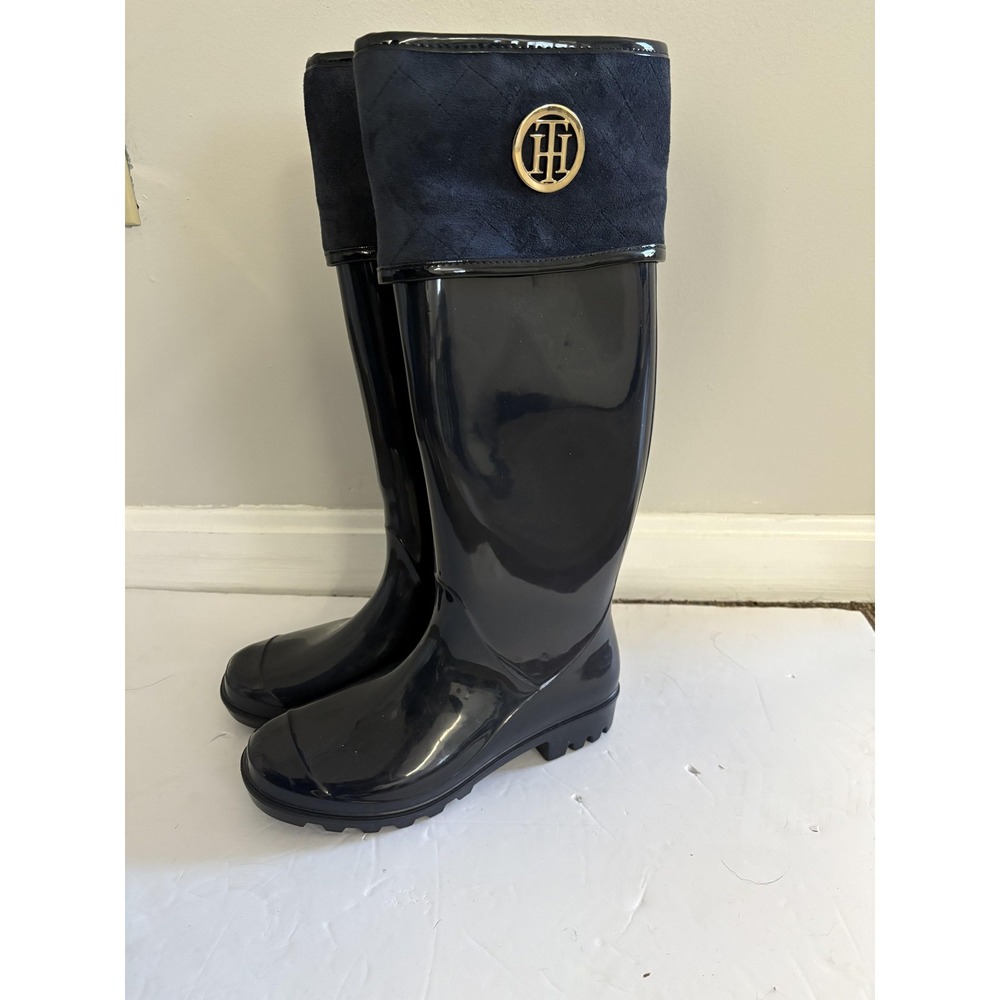 Tommy Hilfiger Boots Womens Size 7 Black Navy Tall Rain Rubber‎ Logo TWSHINER
